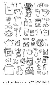 Dishes, cups, food, kitchen Line sketch of flowers in pots, home decor. Drawing vector black. 