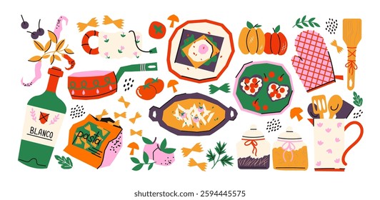 Dishes of different cuisines of the world, products and ingredients drawn in cartoon style. Doodle stickers, kitchen morning, dinner, lunch and drinks.