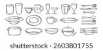 dishes dinnerware doodle hand drawn icon set. Plate, glass and cup, mug, bowl. Outline drawing tableware for kitchen line clipart symbol collection. Vector illustration