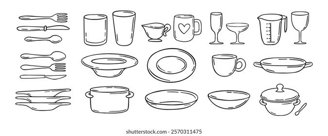 dishes dinnerware doodle hand drawn icon set. Plate, glass and cup, mug, bowl. Outline drawing tableware for kitchen line clipart symbol collection. Vector illustration