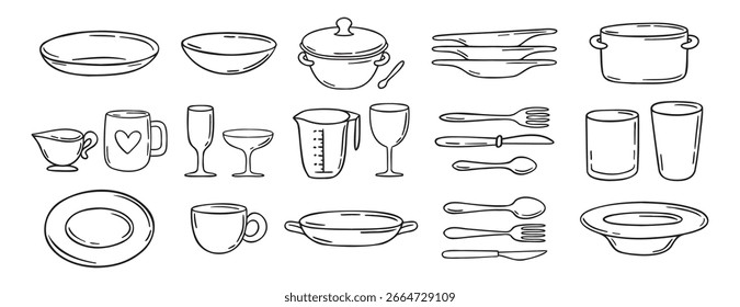 Platos de vajilla doodle dibujado a mano conjunto de iconos. Plato, vaso y taza, taza, tazón. Esquema de la vajilla de dibujo para la colección de símbolos de Clipart de línea de cocina. Ilustración vectorial