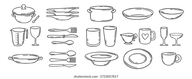 Platos de vajilla doodle dibujado a mano conjunto de iconos. Plato, vaso y taza, taza, tazón. Esquema de la vajilla de dibujo para la colección de símbolos de Clipart de línea de cocina. Ilustración vectorial