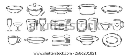 dishes dinnerware doodle hand drawn icon set. Plate, glass and cup, mug, bowl. Outline drawing tableware for kitchen line clipart symbol collection. Vector illustration