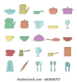 Dishes doodle icons set. Dishes vector illustration for design and web isolated on white background. Dishes doodle vector object for labels, logos