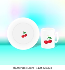 Dishes are drawn in the illustrator plate and a cup, with cherries on a green background.