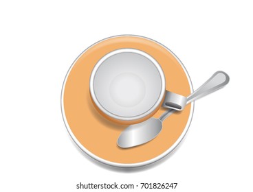Dishes to drink an espresso.
An empty coffee cup and saucer with a teaspoon. An apricot color object on a white background.