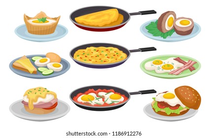 Dishes from eggs set, fresh nutritious breakfast food, design element for menu, cafe, restaurant vector Illustrations on a white background