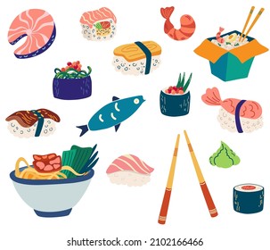 Dishes with fish and seafood. Trout, salmon, sushi, rice with shrimp, Chinese noodles. For menus of restaurants, shops and printing. Vector cartoon Illustration