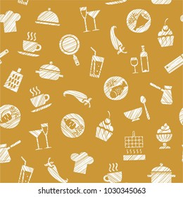 Dishes and food. Hatching with white pencil on mustard field. Imitation. Vector pattern. 