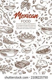 Dishes and food of Mexico, menu with plates and meal. Roll wrap with meat and vegetables, quesadilla and jalapeno, soup and salad with veggies, pepper and porridge. Monochrome vector in flat style