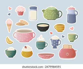 Platos y Pegatinas de Comida para el Desayuno o Cena. Paquete de dibujos animados aislado con aperitivos, postres, bebidas, utensilios, utensilios de cocina, café. Ilustraciones vectoriales texturizadas para el menú, restaurante, diseños culinarios