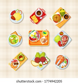 Dishes with food top view set. Tasty Asian and European menus fast food fried salmon with mushrooms vegetable soup chili and broccoli scrambled eggs bacon coffee latte. Hearty cartoon vector.