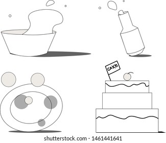 Dishes in the form of a falling bottle and plate. Next is a cake. Some of the containers flies out and sprayed liquid.
