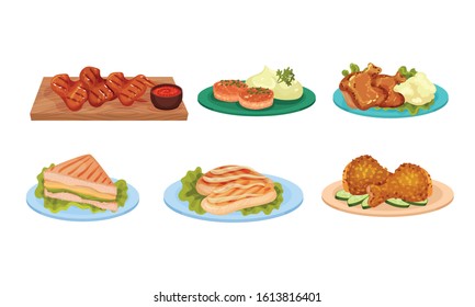 Dishes with Grilled Meat Served on Plates with Greenery Vector Illustrations Set