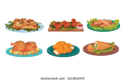 Dishes with Grilled Meat Served on Plates with Greenery Vector Illustrations Set