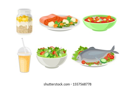 Platos Para Una Ilustración Sana Del Vector De Nutrición Y Pérdida De Peso Aislados En Fondo Blanco