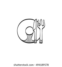 Dishes icon in doodle sketch lines. Spoon fork dinner supper breakfast eating