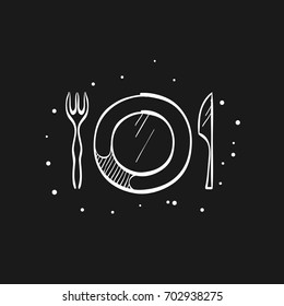 Dishes icon in doodle sketch lines. Spoon fork dinner supper breakfast eating