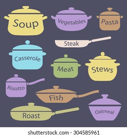 Dishes icon set. Pots and pans vector illustration.