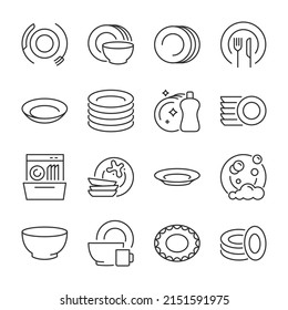 Dishes icons set. Cookware, tableware, linear icon collection. Line with editable stroke