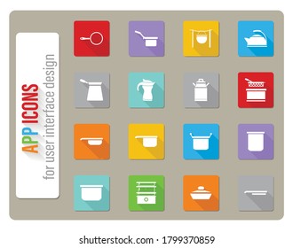dishes icons set in flat design with long shadow