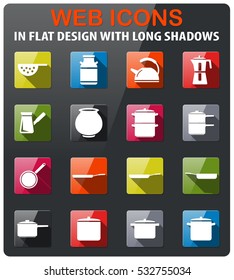 Dishes icons set in flat design with long shadow