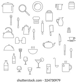 Dishes icons set. Line art style. Illustration for logo, brochure and other printing and web projects.