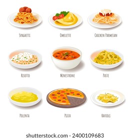 Dishes of Italian cuisine, menu for cafe. Spaghetti and omelet, chicken parmesan and risotto, minestrone and pasta, polenta and pizza, ravioli. Tasty meals for daily nutrition. Vector in flat style