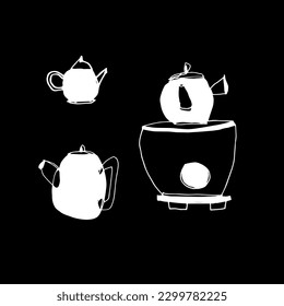 Dishes for the Japanese tea ceremony. Vector. Set of three teapots. Hand drawing, doodle, sketch. White on black. Tea club, cafe, East, traditions. Eps10