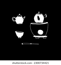 Dishes for the Japanese tea ceremony. Vector graphics. A set of teapots and cups of different types and sizes. Hand drawing, doodle, sketch. White on a black background. Oriental traditions.
