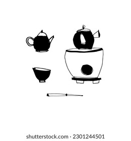 Dishes for the Japanese tea ceremony. Vector. Set of teapot and cups of different types. Hand drawing, doodle, sketch. Black on white. Oriental traditions, tea culture. Eps10