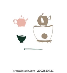Dishes for the Japanese tea ceremony. Vector. A set of teapots and cups of different types and sizes. Hand drawing, doodle, sketch. Colored on white. Oriental traditions, tea culture. Eps10