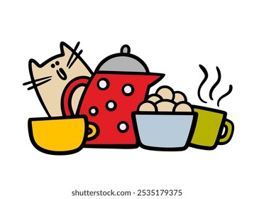 Dishes, a kettle and hot food and drinks on the table. A little kitten peeks out, hiding behind the plates. The pet is playing hide-and-seek. A hungry animal with food on  white background.