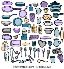 Dishes, kitchen hand drawn set. Crockery, pots, plates, pans. Design elements for logo, label, emblem, sign. Vector illustration