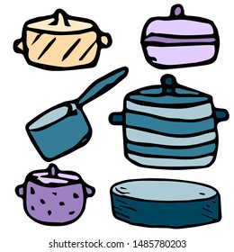 Dishes, kitchen hand drawn set. Crockery, pots, plates, pans. Design elements for logo, label, emblem, sign. Vector illustration