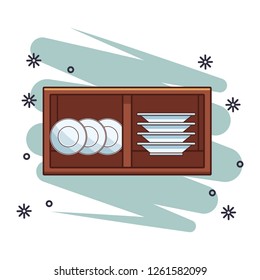 Dishes in kitchen shelf