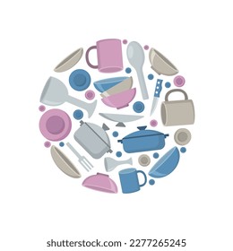 dishes, kitchen utensils arranged in circle shape. plate, bowl, saucepan, fork, spoon, knife, glass, cup. Kitchen equipment. flat cartoon simple isolated objects.
