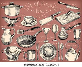 dishes, kitchen utensils, plate, bowl, pan, colander, mug, fork, spoon, soup ladle, spatula, carafe, martini glass, glass, knife, Turkish coffee pot, chopping board,  tea kettle, tableware