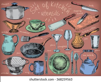 dishes, kitchen utensils, plate, bowl, pan, colander, mug, fork, spoon, soup ladle, spatula, carafe, martini glass, glass, knife, turkish coffee pot, chopping board,  tea kettle, tableware