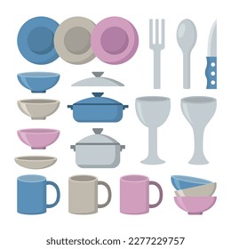 dishes, kitchen utensils, a set of isolated items. plate, bowl, saucepan, fork, spoon, knife, glass, cup. Kitchen equipment. flat cartoon simple isolated objects.