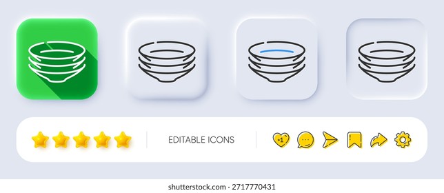 Icono de línea de platos. Neumórfico, Sombra plana, Botones 3D. Letrero de platos de vajilla. Símbolo de utensilios de cocina de comida. Icono de platos de línea. Iconos de redes sociales. Vector