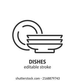 Dishes line icon. Stack of plates vector sign. Editable stroke.