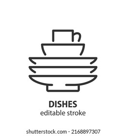 Dishes line icon. Stack of plates with cup vector sign. Editable stroke.