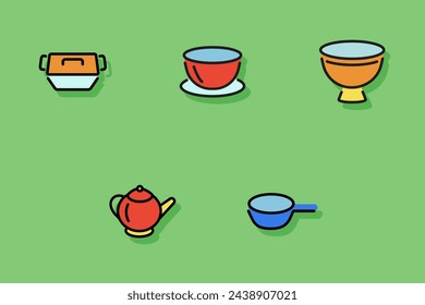 Dishes lline icon set. Teapot, bowl, eggcup, baking pan, saucepan. Kitchenware concept. Can be used for topics like kitchen, food, housework