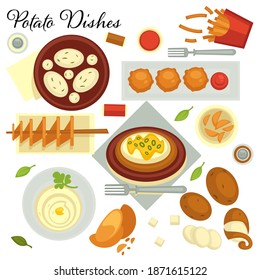 Dishes made of potato, isolated plates with french fries, crispy slices and mashed veggie. Soup or puree, prepared vegetable served in restaurant, cafe or diner. Menu meal vector in flat style