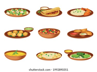 Dishes and Main Courses of Indian Cuisine with Rice, Mixed Vegetables and Spices Served on Plates and Garnished with Herbs Vector Set