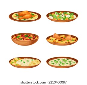 Platos y principales cursos de cocina india servidos en placas y cubiertos con hierbas vectoriales