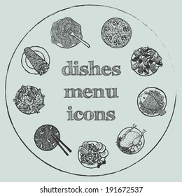 Dishes menu icon - hand-drawn icon set on gray circle background EPS