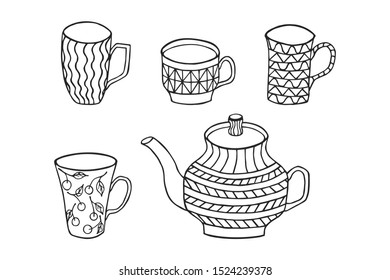 dishes mugs kettle. eps10 vector illustration. hand drawing. art line