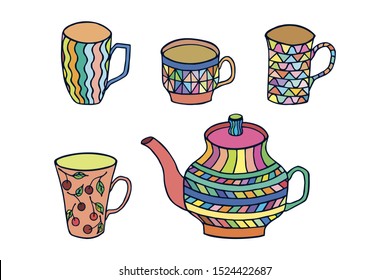 dishes mugs kettle. eps10 vector illustration. hand drawing. 
